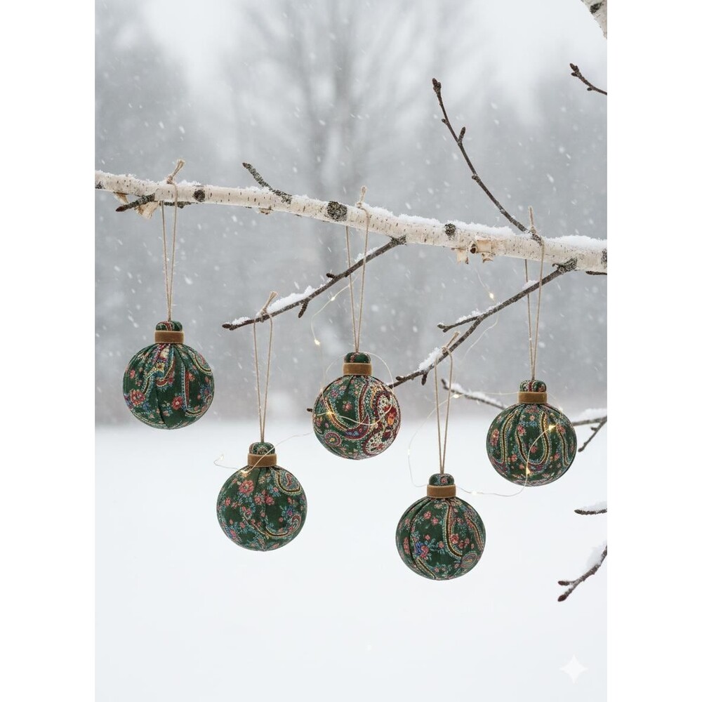 Handmade French Fabric Baubles 3” Clairefontaine Textile Ornaments x 6, France